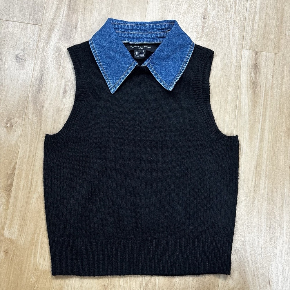 French Connection Ellie Knit Black Sweater Vest Denim Collared XS Preppy